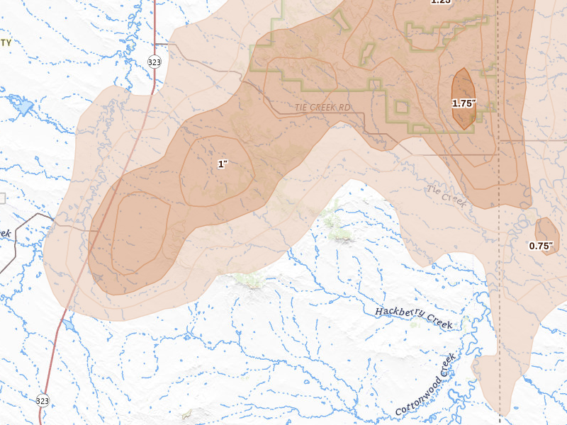 Radar-estimated hail-size map of the storm over Capitol, MT on Jun 27, 2026