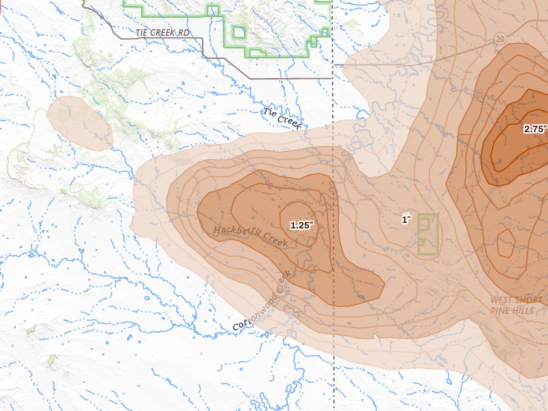 Radar-estimated hail-size map of the storm over Capitol, MT on Aug 11, 2026