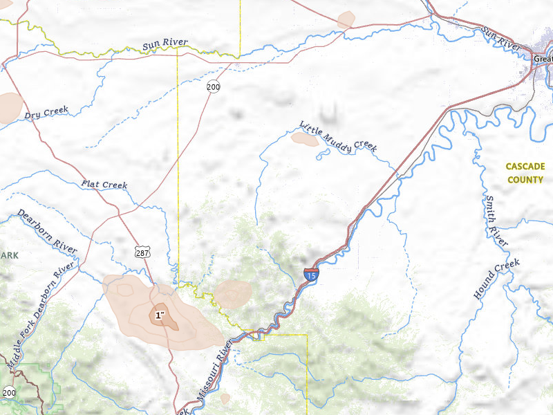 Radar-estimated hail-size map of the storm over Cascade, MT on Jun 25, 2026