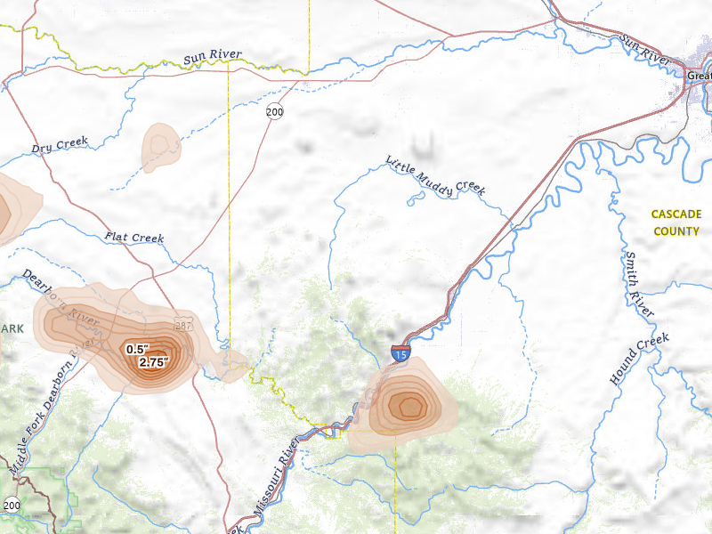 Radar-estimated hail-size map of the storm over Cascade, MT on Jul 16, 2026