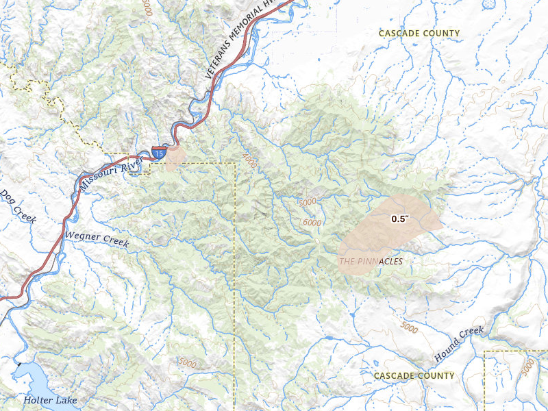 Radar-estimated hail-size map of the storm over Cascade, MT on Jul 17, 2026