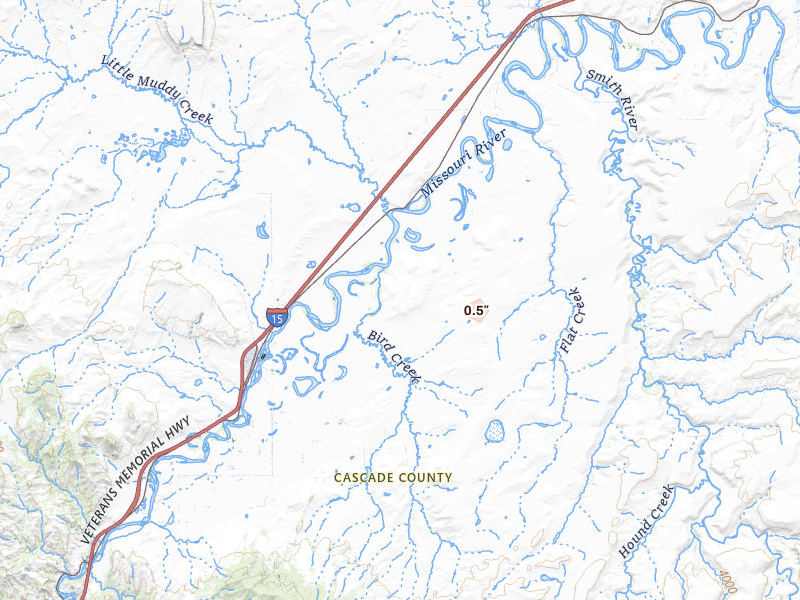 Radar-estimated hail-size map of the storm over Cascade, MT on Aug 26, 2026