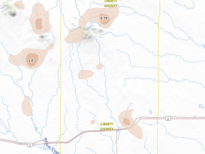 Radar-estimated hail-size map of the storm over Chester, MT on May 28, 2026