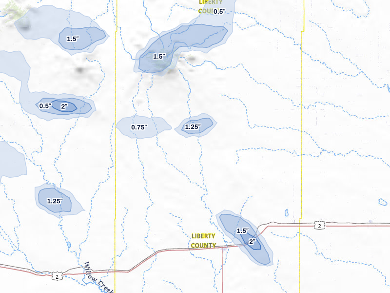 NEXRAD radar-signature map of the hail storm over Chester, MT on May 28, 2026
