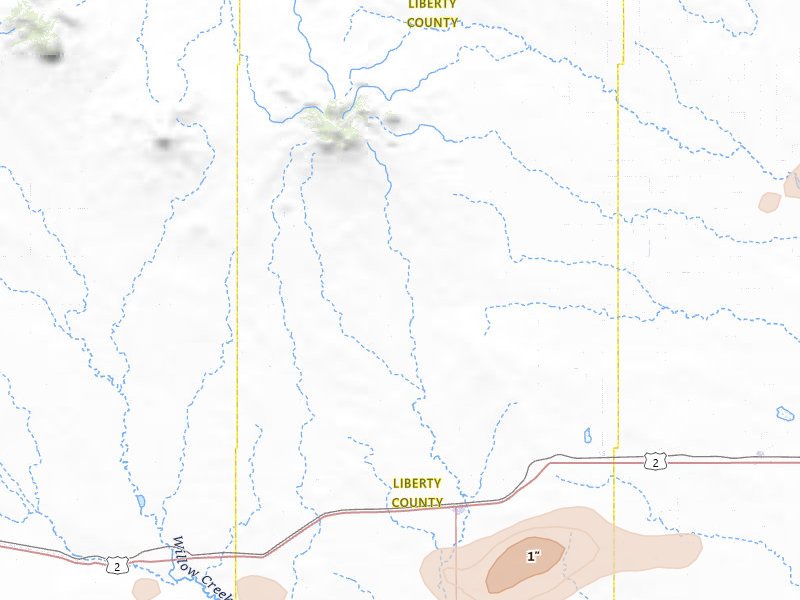 Radar-estimated hail-size map of the storm over Chester, MT on Jul 18, 2026