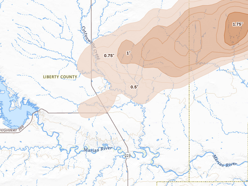 Radar-estimated hail-size map of the storm over Chester, MT on Aug 23, 2026