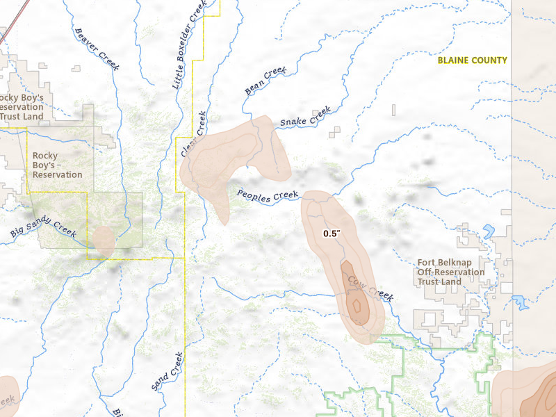 Radar-estimated hail-size map of the storm over Chinook, MT on May 29, 2026