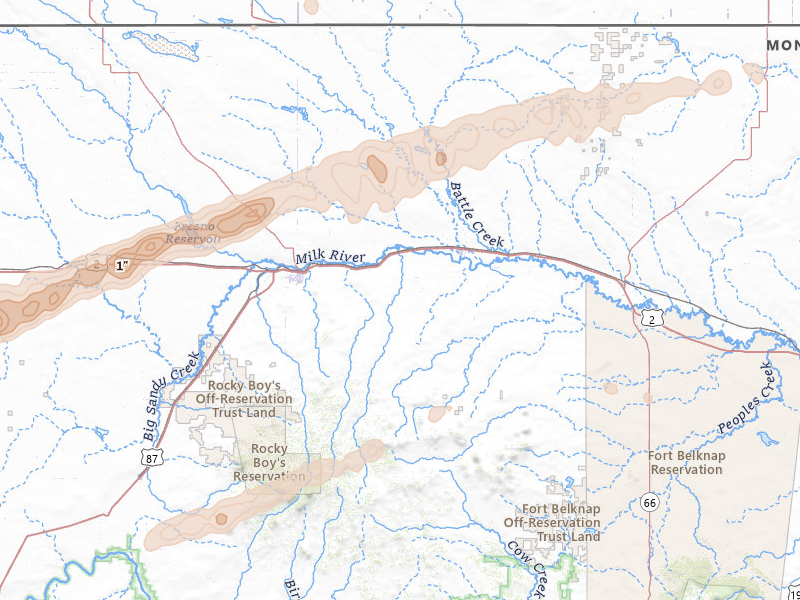 Radar-estimated hail-size map of the storm over Chinook, MT on Aug 23, 2026
