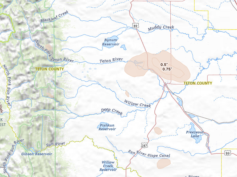 Radar-estimated hail-size map of the storm over Choteau, MT on May 28, 2026