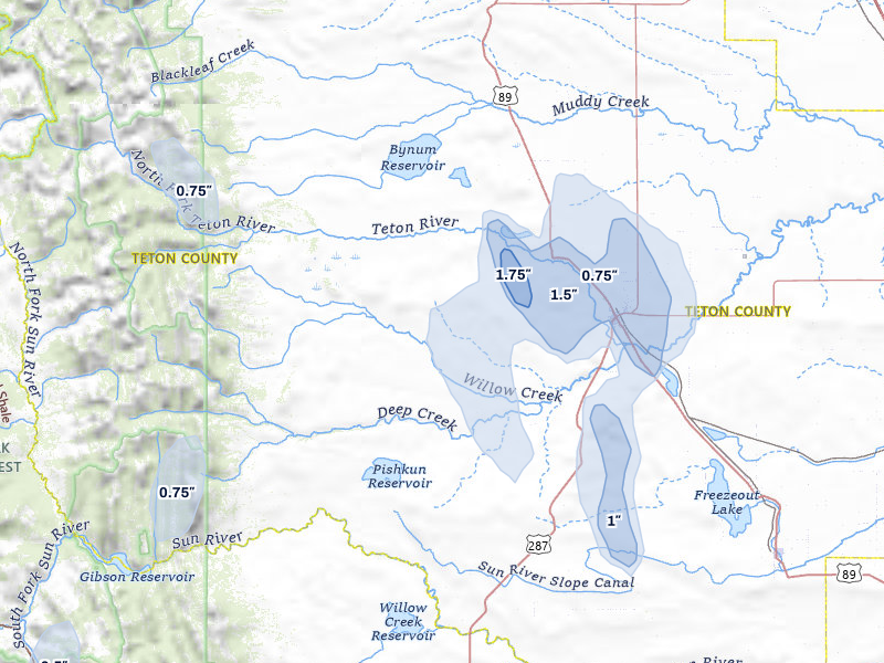 NEXRAD radar-signature map of the hail storm over Choteau, MT on May 28, 2026