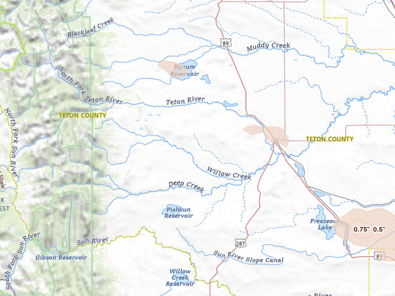 Radar-estimated hail-size map of the storm over Choteau, MT on Jun 12, 2026