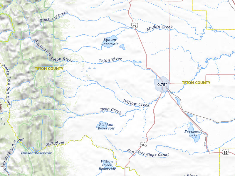 NEXRAD radar-signature map of the hail storm over Choteau, MT on Jul 8, 2026