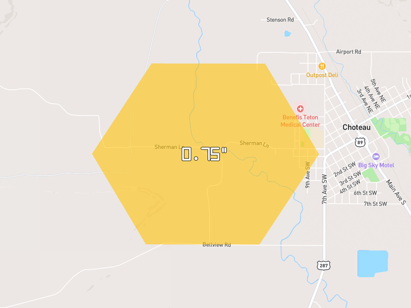 Hail map of Choteau, MT on Jul 8, 2026, hail up to 0.75"
