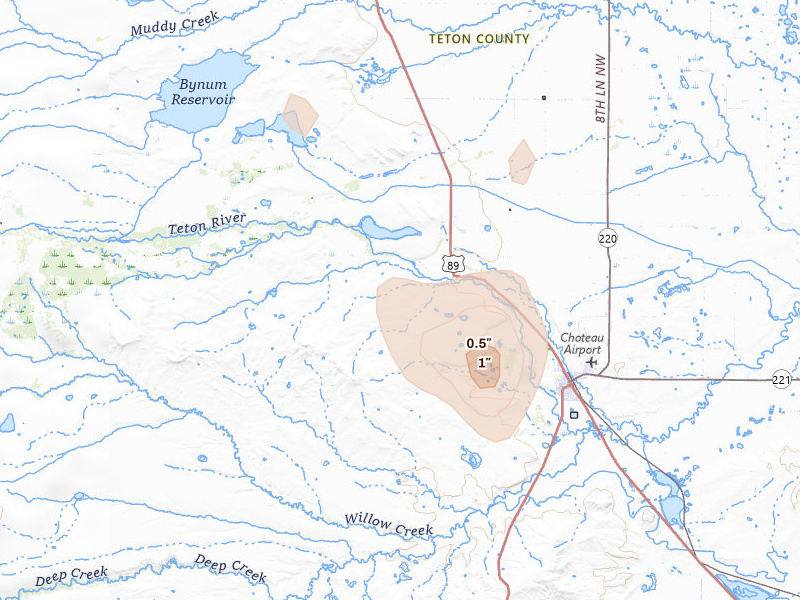 Radar-estimated hail-size map of the storm over Choteau, MT on Sep 2, 2026