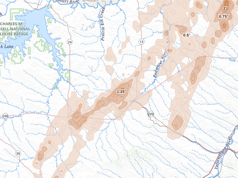 Radar-estimated hail-size map of the storm over Circle, MT on Jun 6, 2026