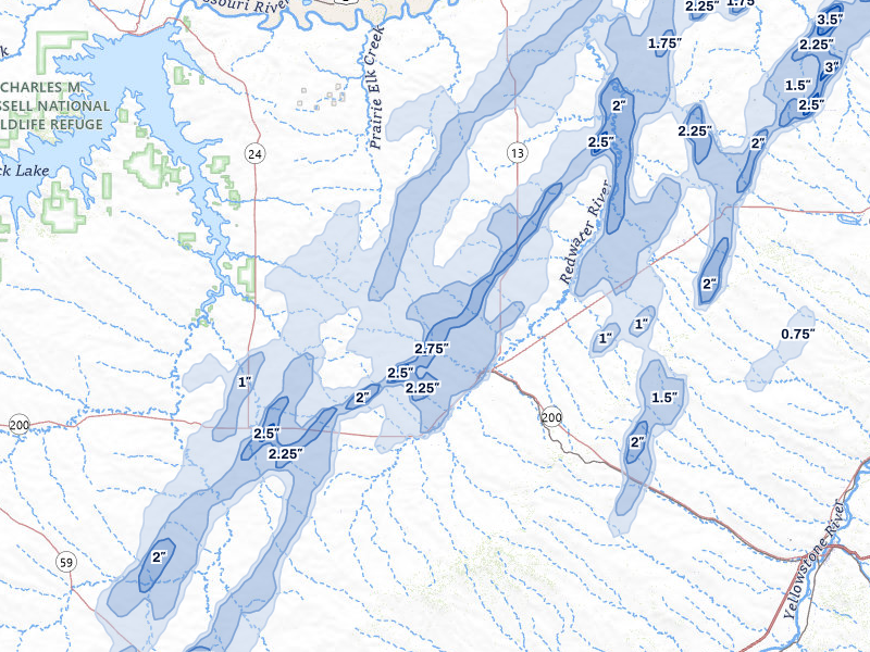 NEXRAD radar-signature map of the hail storm over Circle, MT on Jun 6, 2026