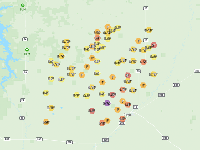 Hail map of Circle, MT on Jun 7, 2026, hail up to 2.75"