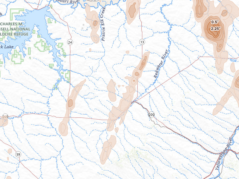 Radar-estimated hail-size map of the storm over Circle, MT on Jun 27, 2026
