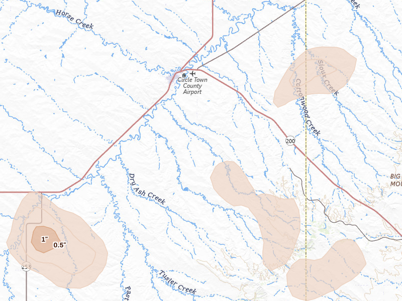 Radar-estimated hail-size map of the storm over Circle, MT on Aug 12, 2026