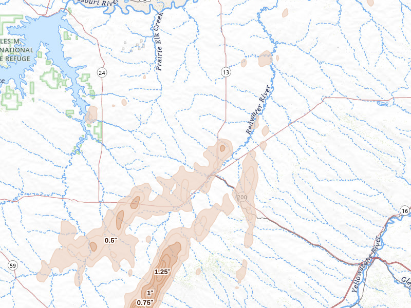 Radar-estimated hail-size map of the storm over Circle, MT on Sep 2, 2026