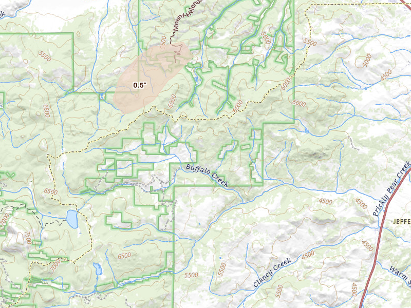 Radar-estimated hail-size map of the storm over Clancy, MT on Jul 1, 2026