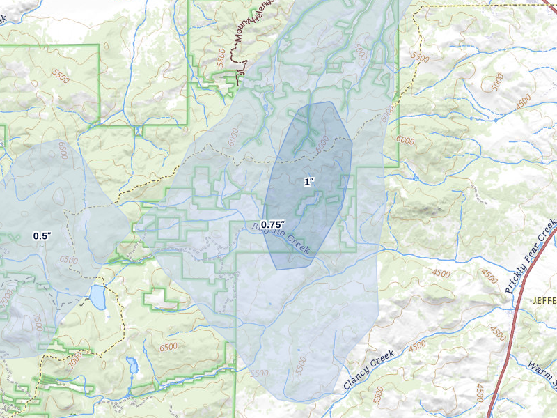 NEXRAD radar-signature map of the hail storm over Clancy, MT on Jul 1, 2026