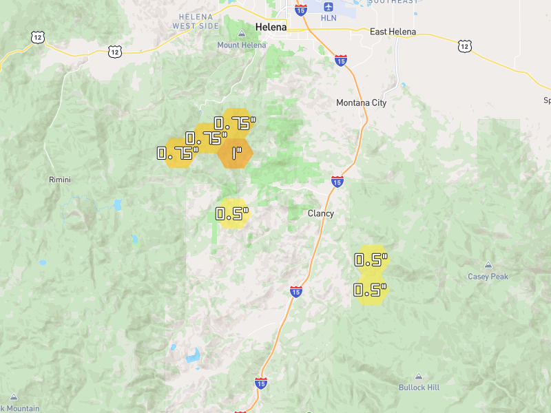 Hail map of Clancy, MT on Jul 1, 2026, hail up to 1"