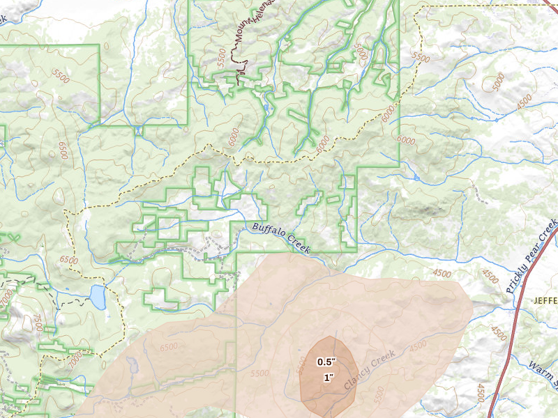 Radar-estimated hail-size map of the storm over Clancy, MT on Jul 16, 2026