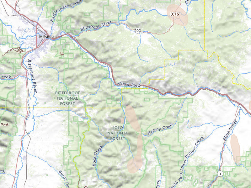 Radar-estimated hail-size map of the storm over Clinton, MT on Jul 17, 2026