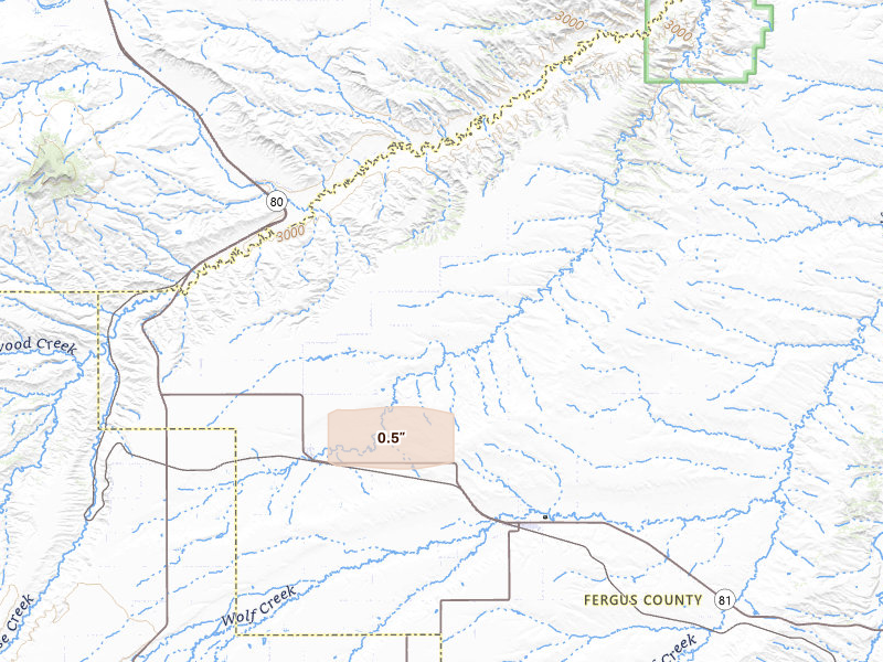 Radar-estimated hail-size map of the storm over Coffee Creek, MT on Mar 8, 2026