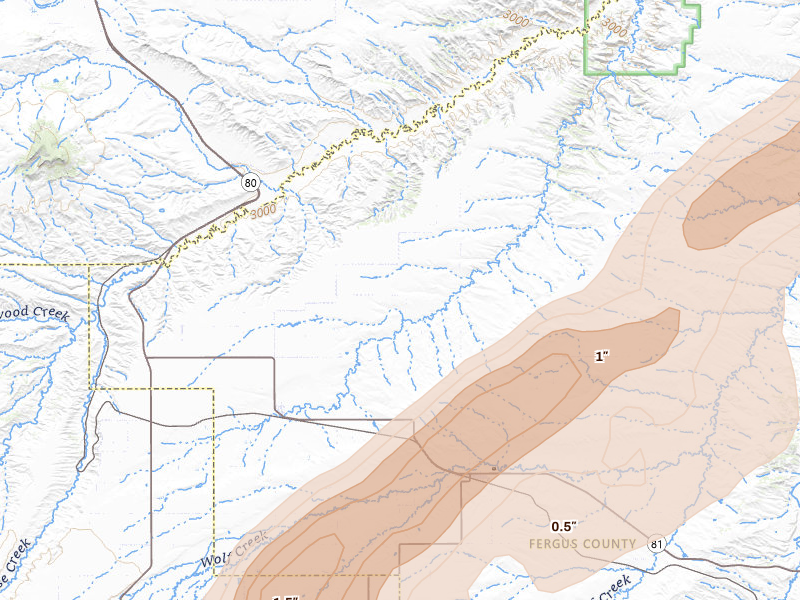 Radar-estimated hail-size map of the storm over Coffee Creek, MT on Jul 5, 2026