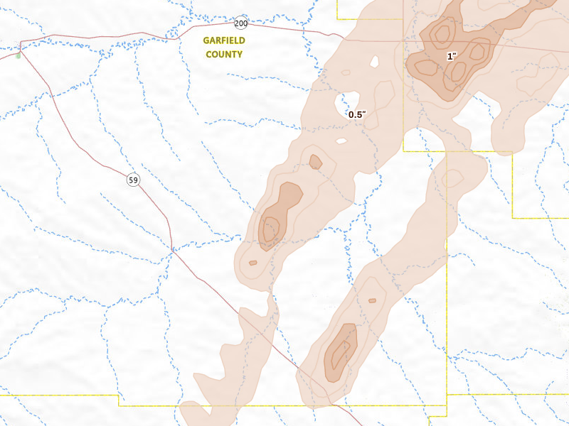 Radar-estimated hail-size map of the storm over Cohagen, MT on Jun 6, 2026