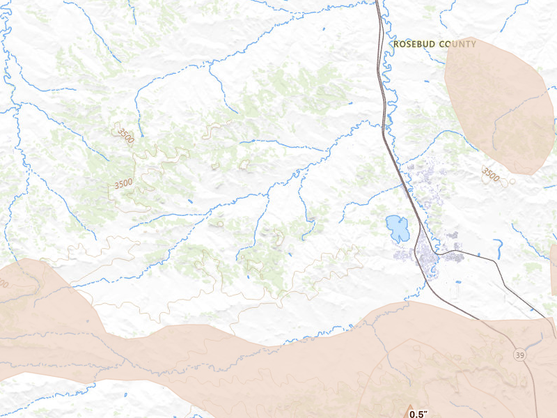 Radar-estimated hail-size map of the storm over Colstrip, MT on Jul 8, 2026
