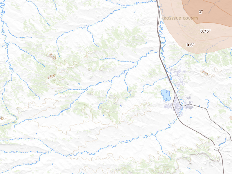 Radar-estimated hail-size map of the storm over Colstrip, MT on Jul 16, 2026