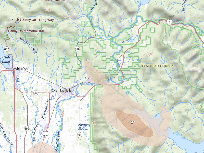 Radar-estimated hail-size map of the storm over Columbia Falls, MT on May 28, 2026