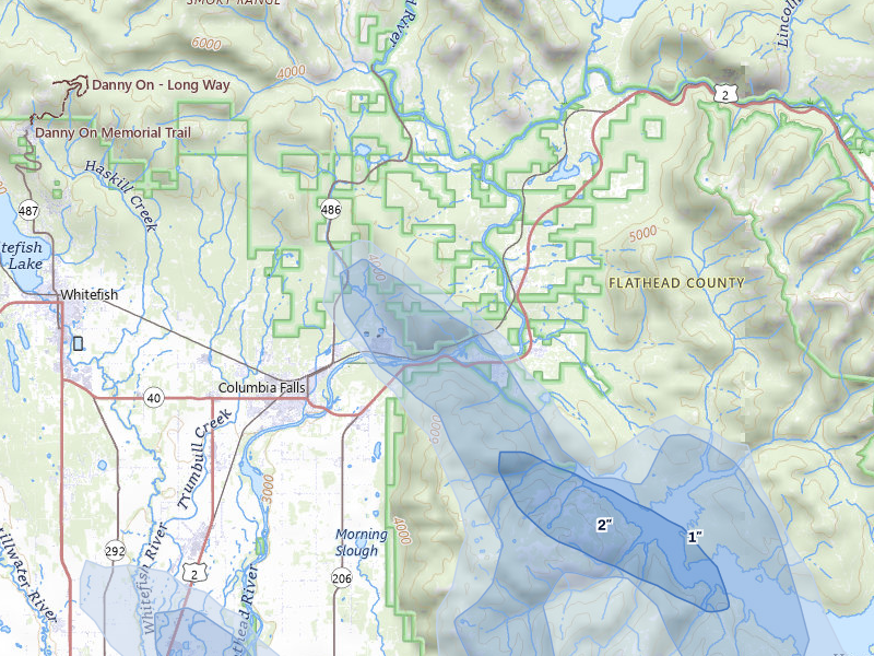 NEXRAD radar-signature map of the hail storm over Columbia Falls, MT on May 28, 2026