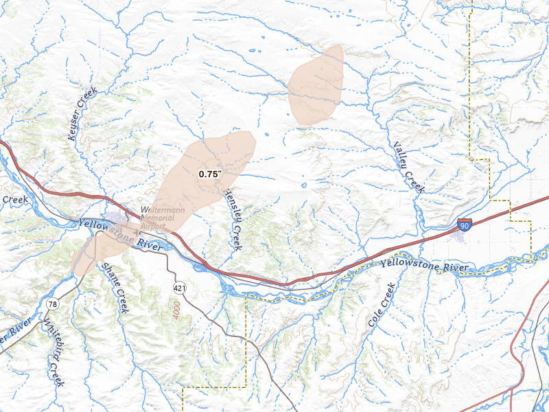 Radar-estimated hail-size map of the storm over Columbus, MT on Jun 7, 2026