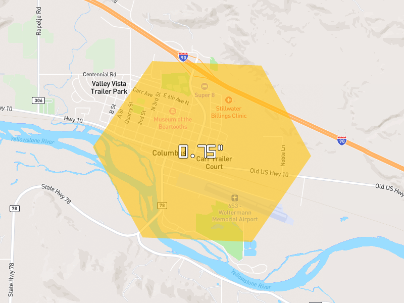 Hail map of Columbus, MT on Jun 7, 2026, hail up to 0.75"