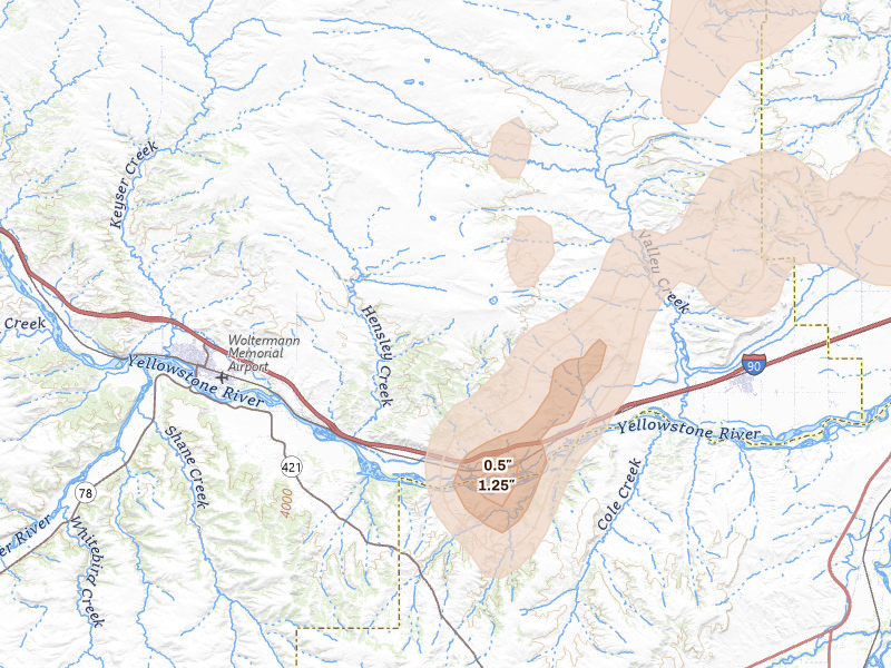 Radar-estimated hail-size map of the storm over Columbus, MT on Jun 27, 2026