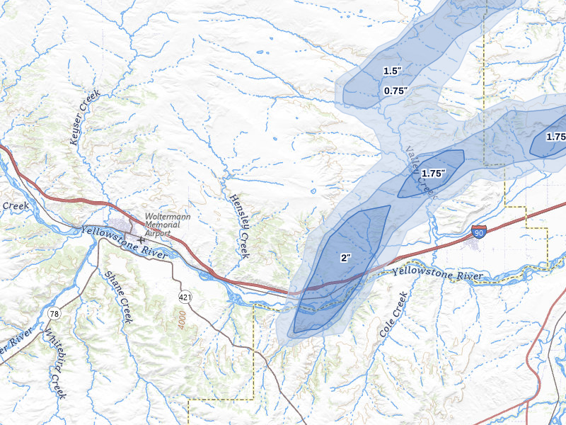 NEXRAD radar-signature map of the hail storm over Columbus, MT on Jun 27, 2026