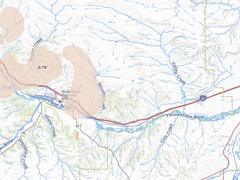 Radar-estimated hail-size map of the storm over Columbus, MT on Jul 25, 2026
