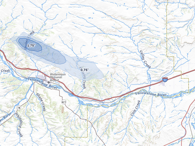 NEXRAD radar-signature map of the hail storm over Columbus, MT on Jul 25, 2026