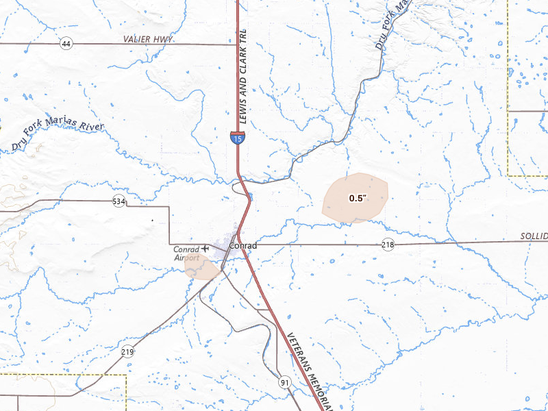 Radar-estimated hail-size map of the storm over Conrad, MT on Jun 12, 2026