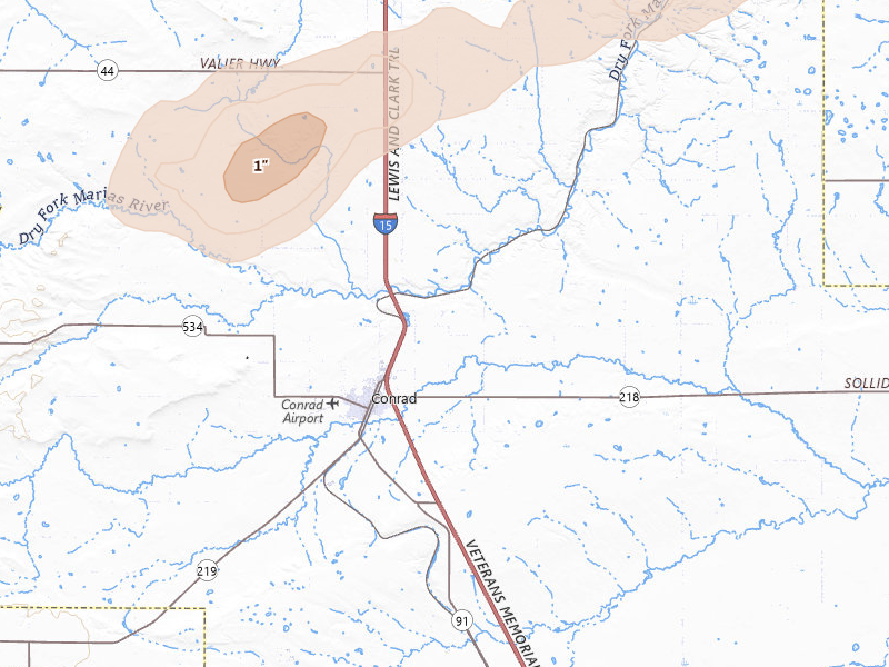 Radar-estimated hail-size map of the storm over Conrad, MT on Jul 18, 2026