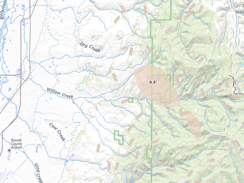 Radar-estimated hail-size map of the storm over Corvallis, MT on May 27, 2026