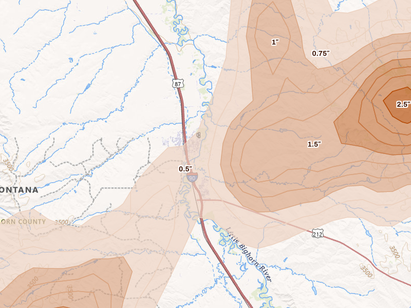 Radar-estimated hail-size map of the storm over Crow Agency, MT on Jun 27, 2026