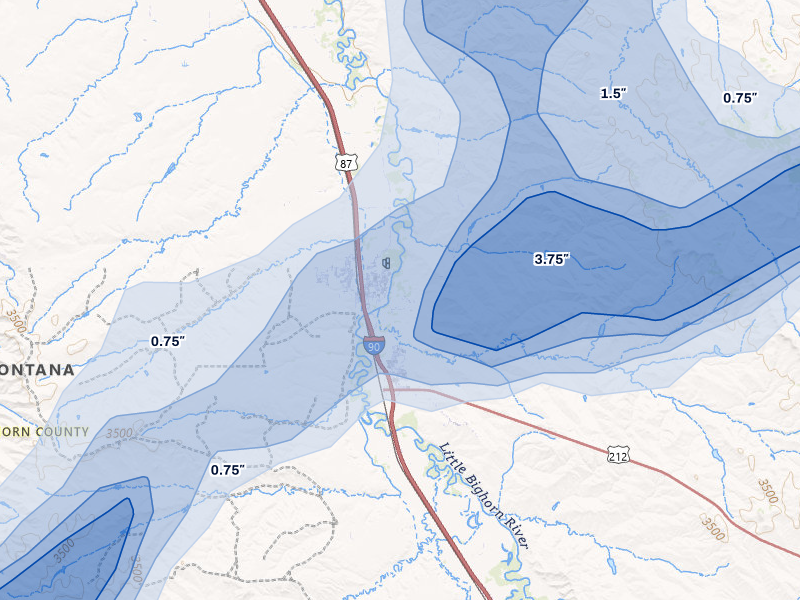 NEXRAD radar-signature map of the hail storm over Crow Agency, MT on Jun 27, 2026