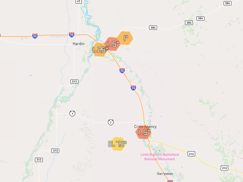 Hail map of Crow Agency, MT on Jun 27, 2026, hail up to 1.5"