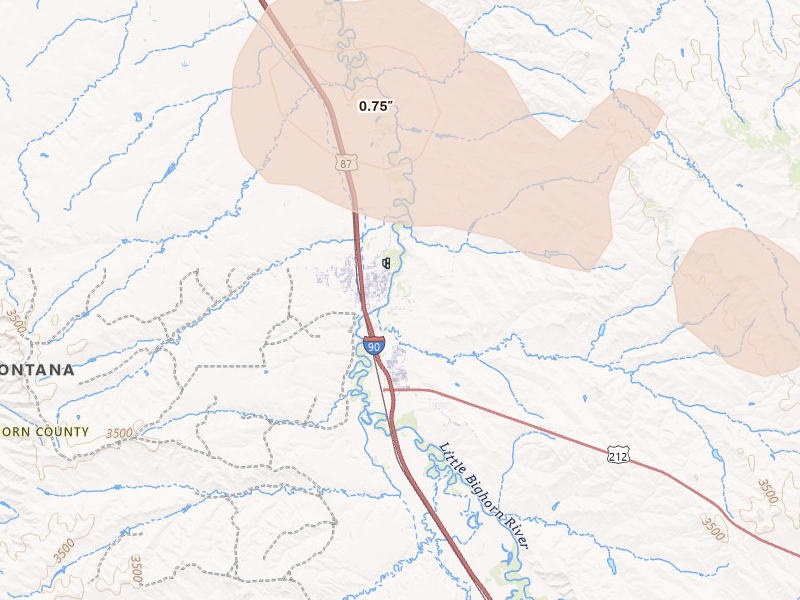 Radar-estimated hail-size map of the storm over Crow Agency, MT on Jul 8, 2026