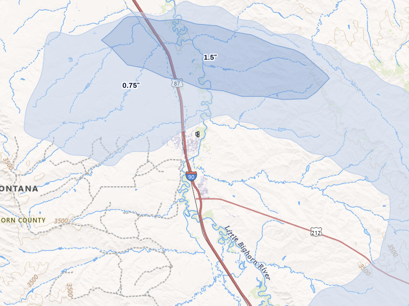 NEXRAD radar-signature map of the hail storm over Crow Agency, MT on Jul 8, 2026